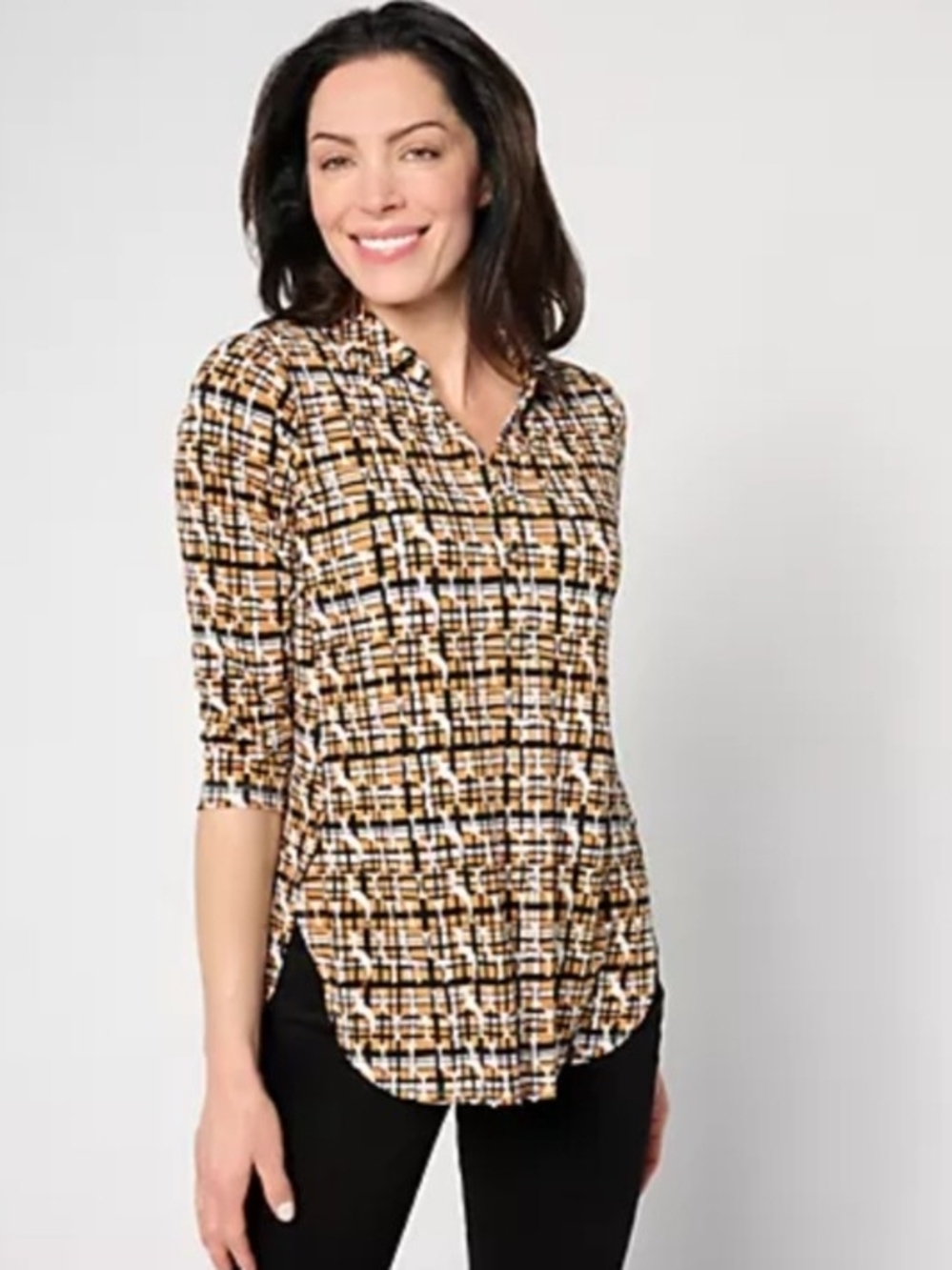 Susan Graver Plaid Print V-Neck Tunic 3/4 Sleeves Women's Size XL